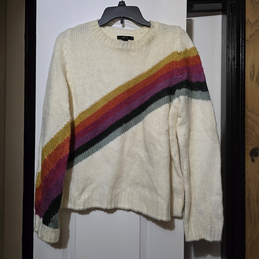 Forever 21 Women's Cream Multicolor Striped Fuzzy Crewneck Sweater Size Large